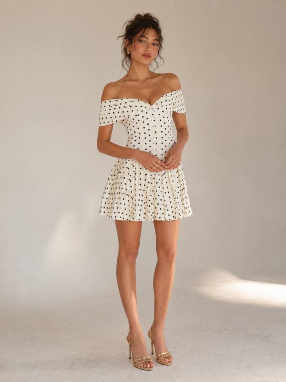 MISS CIRCLE Edeline Polka Dot Off-shoulder Pleated Mini Dress NEW NWT